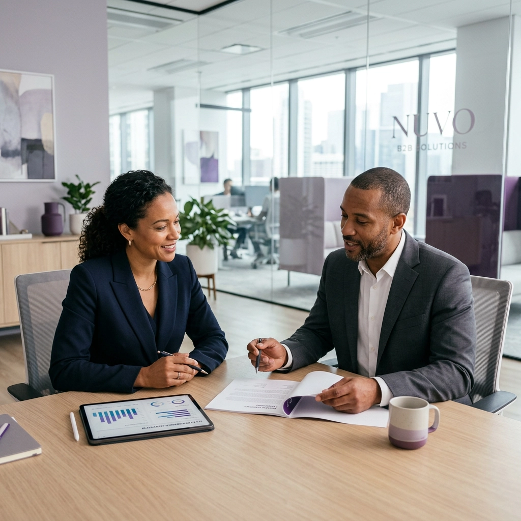 Consultoria servicos b2b nuvo - nuvo company Dois parceiros de negócios, um homem e uma mulher em trajes corporativos modernos, analisando dados em um tablet durante reunião de planejamento de serviços b2b em escritório iluminado.