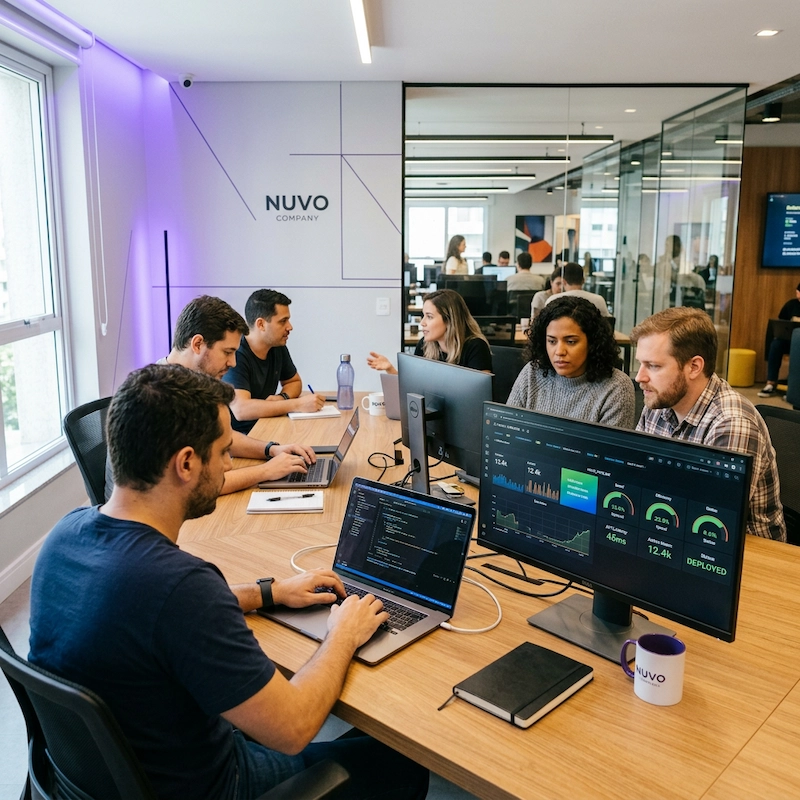 Desenvolvimento agil velocidade automacao processos nuvo - nuvo company Equipe de desenvolvedores da nuvo trabalhando focados em escritório moderno com telas de código e fluxos de dados, representando velocidade e desenvolvimento ágil de sistemas