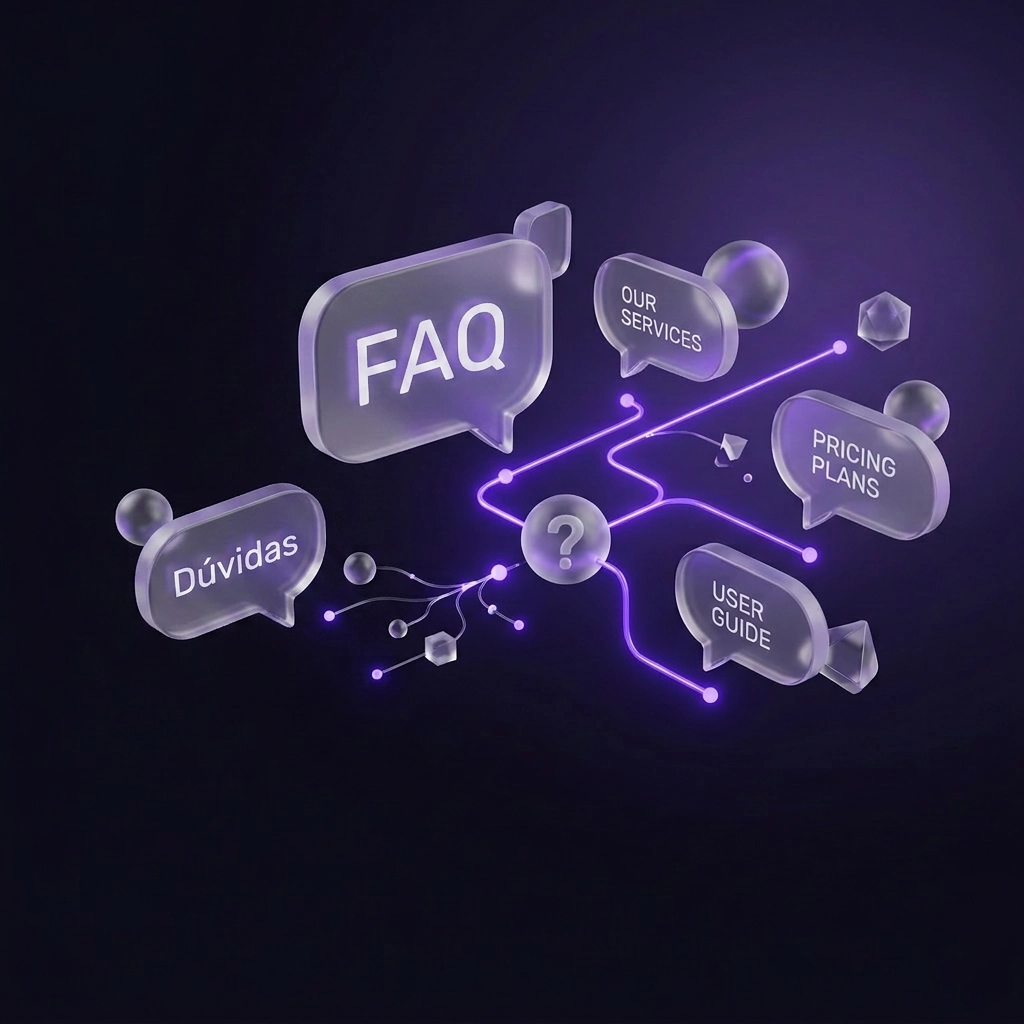 Ilustração 3D minimalista de balões de diálogo em vidro translúcido com os textos FAQ e Dúvidas, conectados por linhas roxas brilhantes sobre fundo escuro.