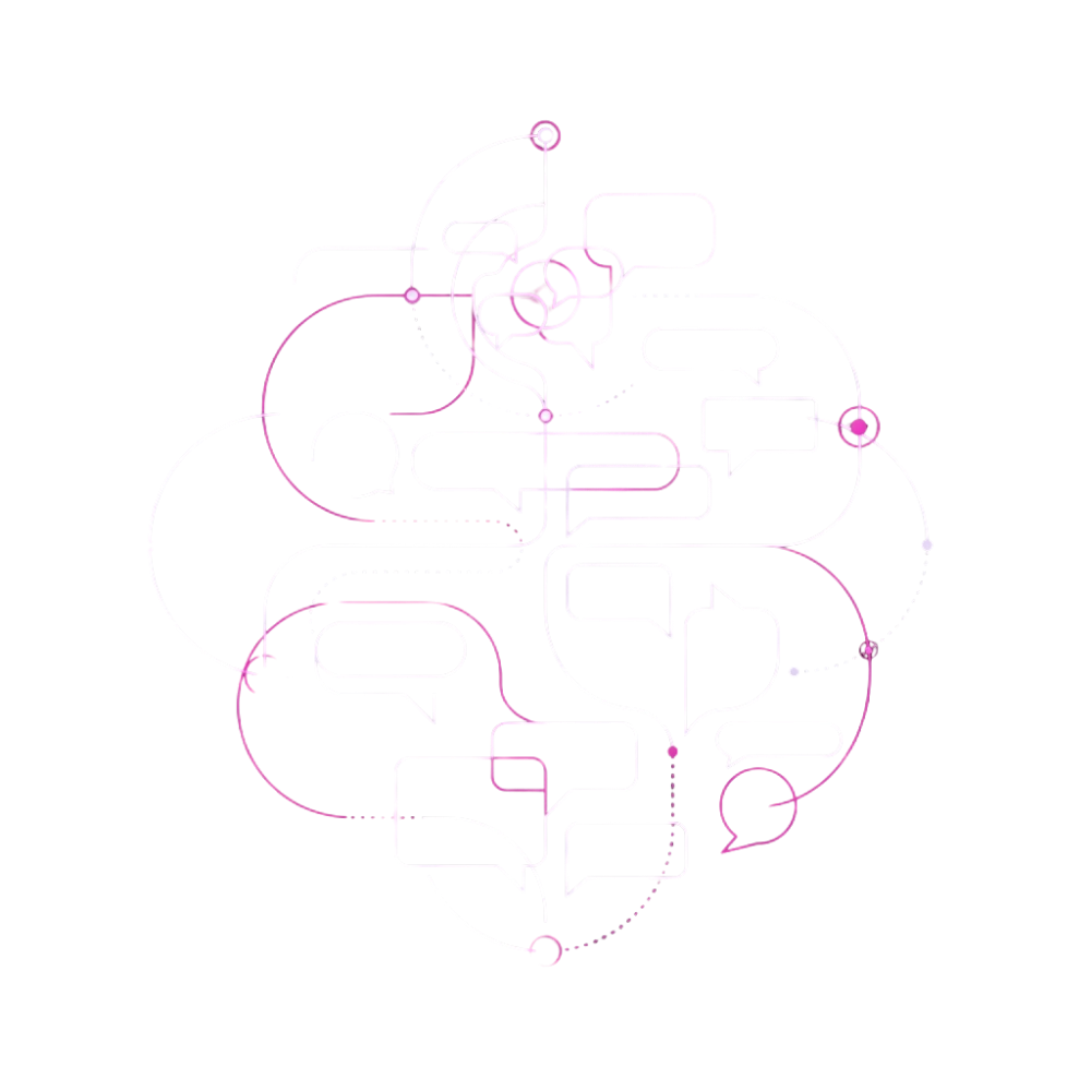 Ilustração vetorial abstrata de um fluxo de conversas gerenciado por agentes de ia, mostrando balões de diálogo conectados por linhas fluidas e nós luminosos sobre fundo preto.