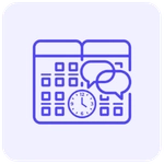 Ícone minimalista de um calendário com um relógio e balões de diálogo integrados na cor roxa, em estilo linear com cantos arredondados, representando automação de agendamento de reuniões.