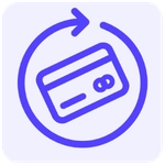 Ícone minimalista de um cartão de crédito com uma seta circular de recorrência ao redor na cor roxa, em estilo linear com cantos arredondados, representando automação de cobrança recorrente.