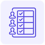 Ícone minimalista de perfis de equipe integrados a uma lista de tarefas com marcações na cor roxa, em estilo linear com cantos arredondados, representando automação de gestão de tarefas da equipe.