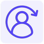Ícone minimalista de um perfil de usuário com uma seta curva de integração ao redor na cor roxa, em estilo linear com cantos arredondados, representando automação de onboarding de clientes.