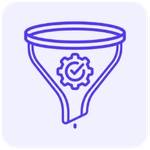 Ícone minimalista de um funil de vendas com uma engrenagem integrada na cor roxa, em estilo linear com cantos arredondados, representando automação de qualificação de leads.