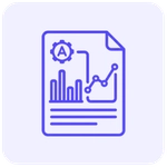 Ícone minimalista de uma folha de relatório com gráficos de barra e linha integrados na cor roxa, em estilo linear com cantos arredondados, representando automação de relatórios gerenciais.
