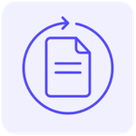 Ícone minimalista de uma folha de contrato com uma seta circular de renovação ao redor na cor roxa, em estilo linear com cantos arredondados, representando automação de renovação de contratos.