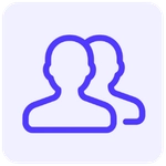 Ícone minimalista de dois perfis de usuários sobrepostos na cor roxa, em estilo linear com cantos arredondados, representando clientes e gestão de contas.