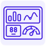 Ícone minimalista de um painel de controle ou dashboard na cor roxa, em estilo linear com gráficos de barra e linhas e cantos arredondados.
