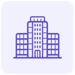 Ícone minimalista de um prédio empresarial na cor roxa, em estilo linear com cantos arredondados, representando uma empresa ou corporação.