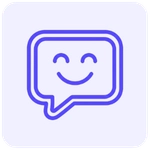 Ícone minimalista de um balão de diálogo com um rosto sorridente na cor roxa, em estilo linear com cantos arredondados, representando nps e satisfação do cliente.