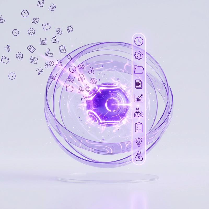 Ilustração 3d de uma roda de processo roxa simbolizando o fluxo contínuo de automação e organização operacional.