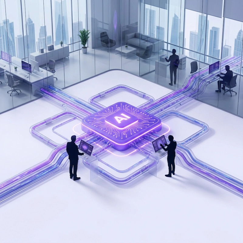 Ilustração 3d premium de um núcleo roxo centralizado organizando uma rede complexa de processos integrados, com foco em eficiência e redução de mão de obra.