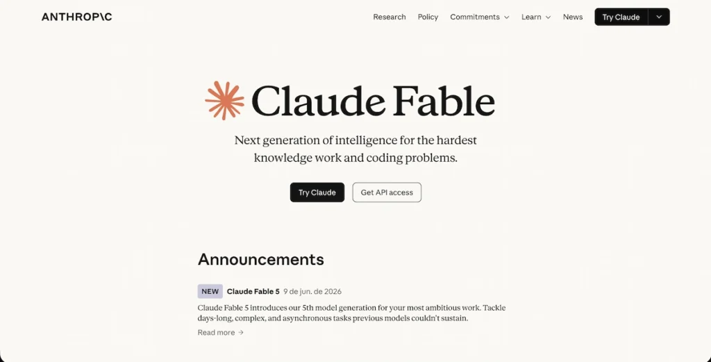 Claude fable 5 site oficial anthropic - nuvo company Captura de tela do site oficial da anthropic mostrando o lançamento do claude fable 5, destacando a classe mythos para automação agêntica e engenharia de software.