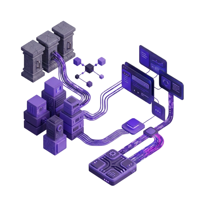Composição 3d detalhada com fundo transparente, apresentando blocos modulares e fluxos de dados em roxo institucional (#6c3bff), simbolizando a construção de sistemas personalizados e integração com legados.