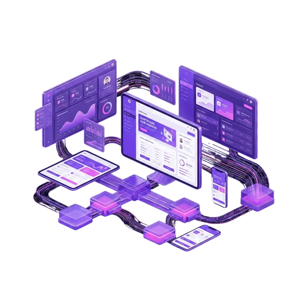 Ilustração 3d premium com fundo transparente apresentando um ecossistema de telas, dashboards e aplicativos interconectados, orientados para a esquerda, utilizando o roxo institucional #6c3bff.