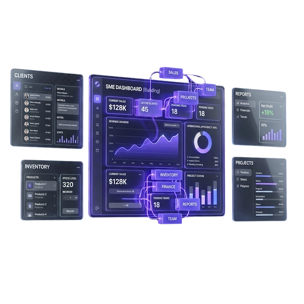 Ilustração 3d premium com fundo transparente apresentando telas de sistema personalizadas, dashboards e fluxos de dados organizados em roxo institucional #6c3bff.